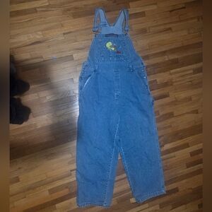 Vintage Blue Denim Overalls with Embroidered Patch Looney Toones